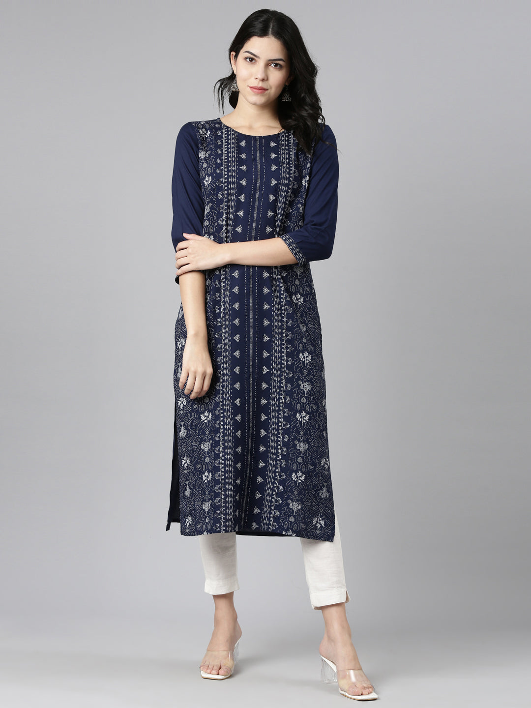 Neerus Navy Blue Regular Straight Printed Kurtas