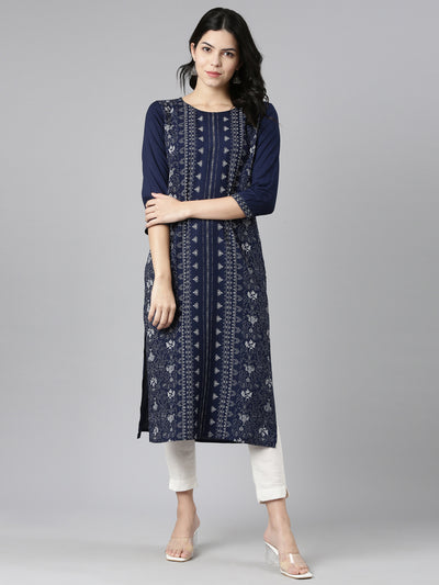 Neerus Navy Blue Regular Straight Printed Kurtas