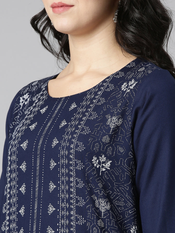 Neerus Blue printed straight kurti - detail view 1