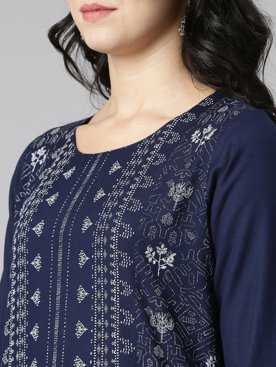 Neerus Navy Blue Regular Straight Printed Kurtas