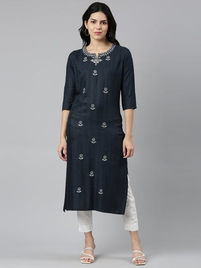 Neeru's Grey Regular Straight Embroidered Kurtas
