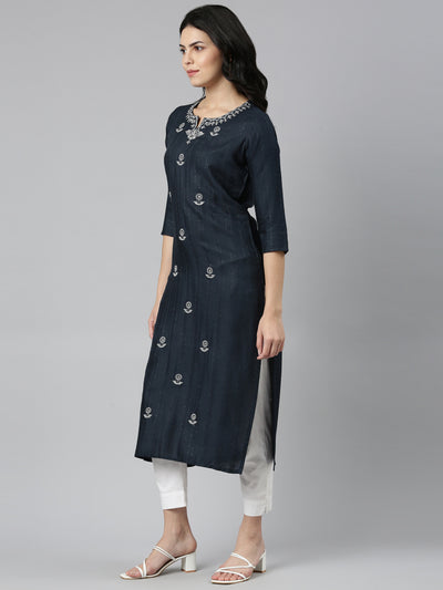 Neeru's Grey Regular Straight Embroidered Kurtas