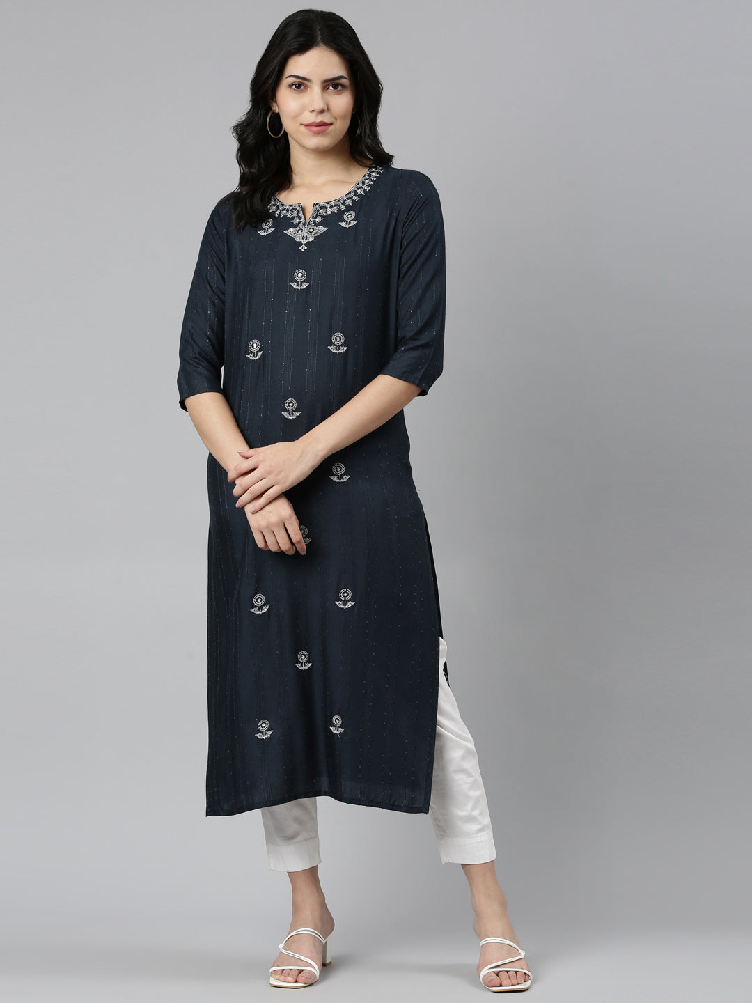 Neeru's Grey Regular Straight Embroidered Kurtas