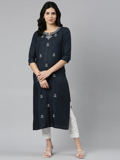 Neeru's Grey Regular Straight Embroidered Kurtas