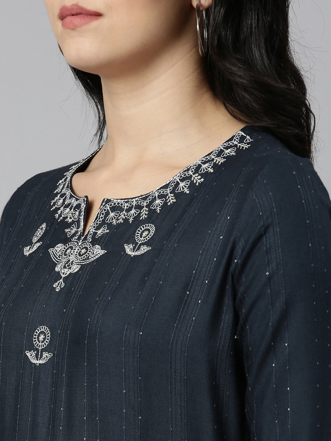 Neeru's Grey Regular Straight Embroidered Kurtas