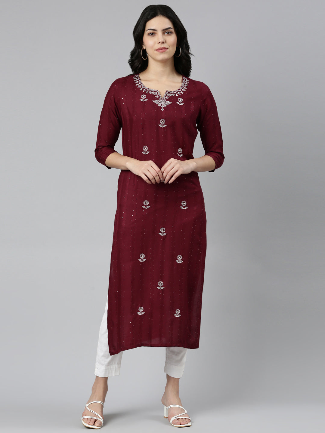 Neerus Maroon embroidered straight kurti - front view