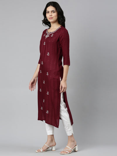 Neerus Maroon Regular Straight Embroidered Kurtas