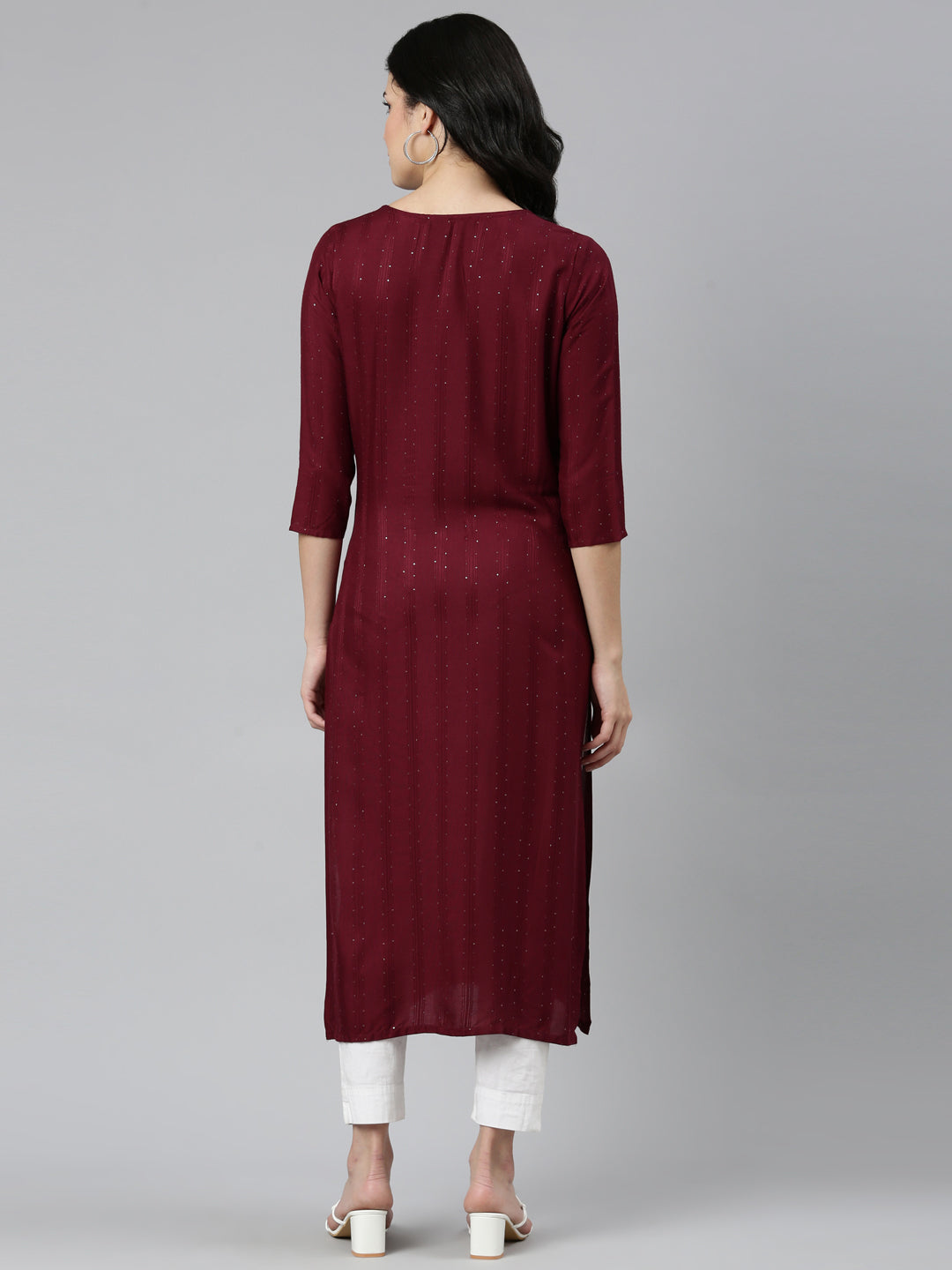 Neerus Maroon Regular Straight Embroidered Kurtas