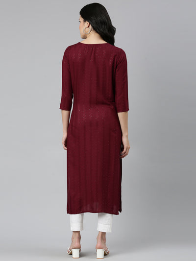 Neerus Maroon Regular Straight Embroidered Kurtas