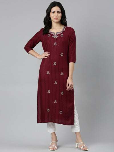 Neerus Maroon Regular Straight Embroidered Kurtas