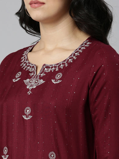 Neerus Maroon Regular Straight Embroidered Kurtas