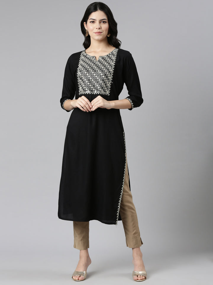 Neerus Black Regular Straight Solid Kurta