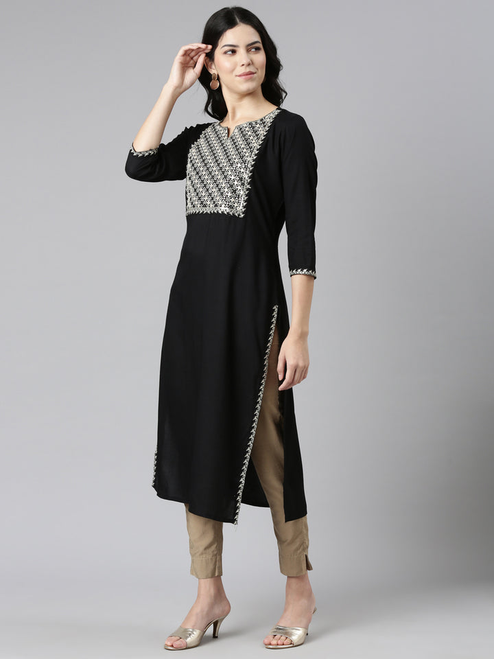 Neerus Black Regular Straight Solid Kurta