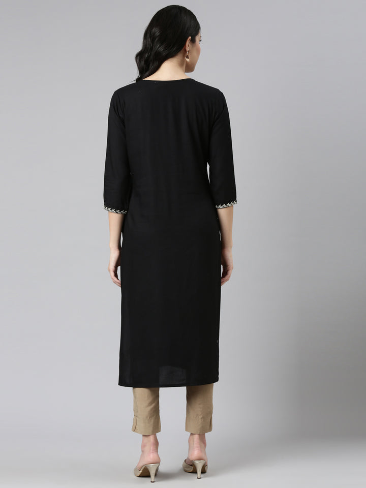 Neerus Black Regular Straight Solid Kurta