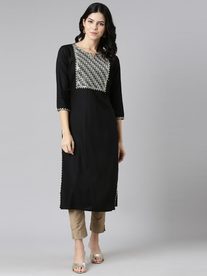 Neerus Black Regular Straight Solid Kurta