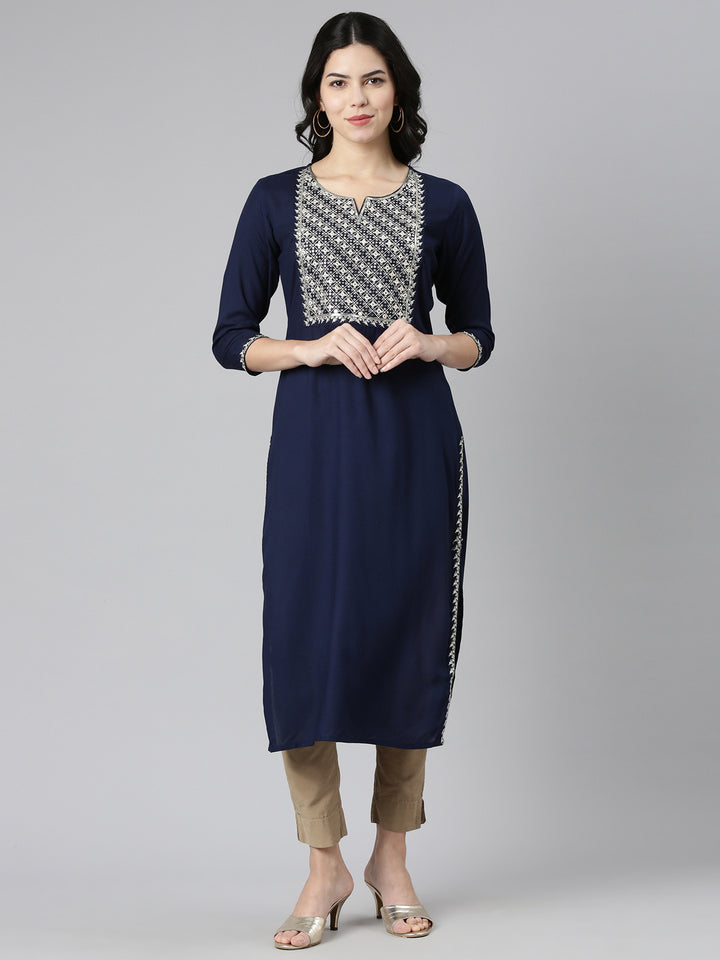 Neerus Navy Blue Regular Straight Solid Kurta