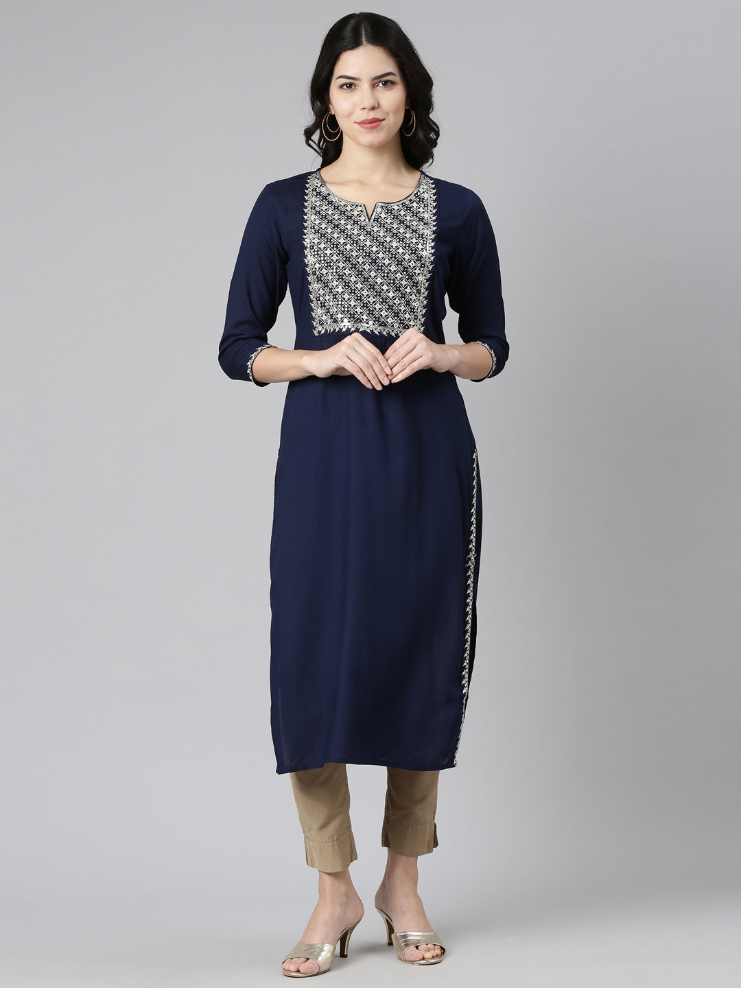 Neerus Navy Blue Regular Straight Solid Kurtas