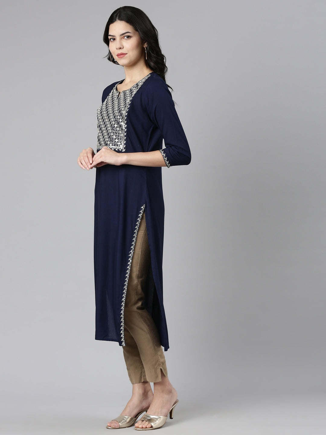 Neerus Navy Blue Regular Straight Solid Kurtas