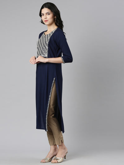 Neerus Navy Blue Regular Straight Solid Kurtas