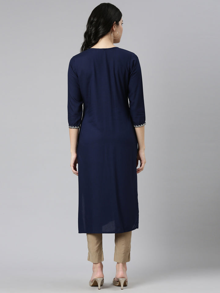 Neerus Navy Blue Regular Straight Solid Kurta