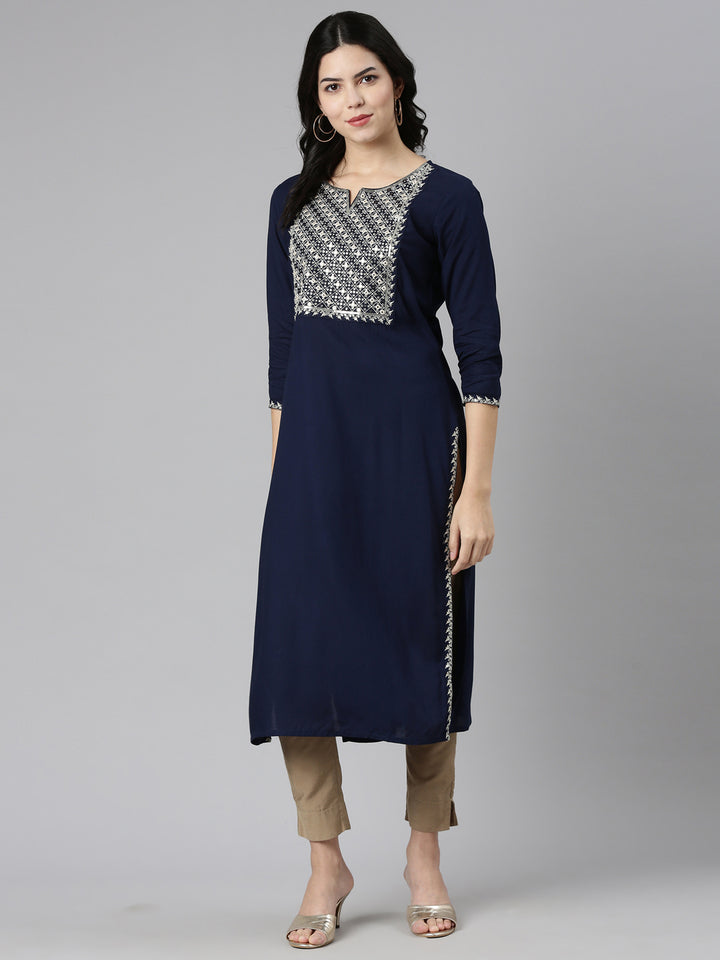 Neerus Navy Blue Regular Straight Solid Kurta