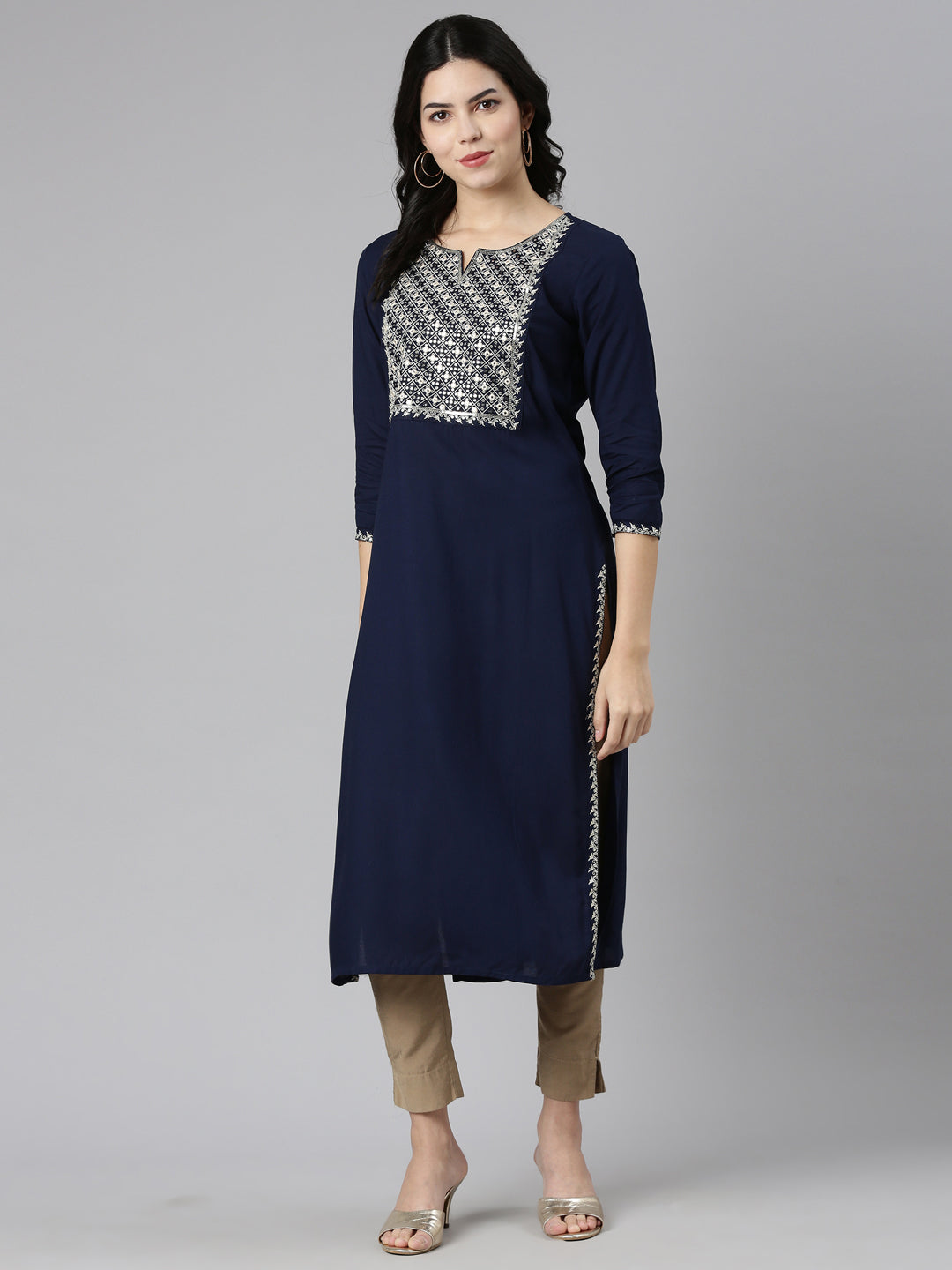 Neerus Navy Blue Regular Straight Solid Kurtas