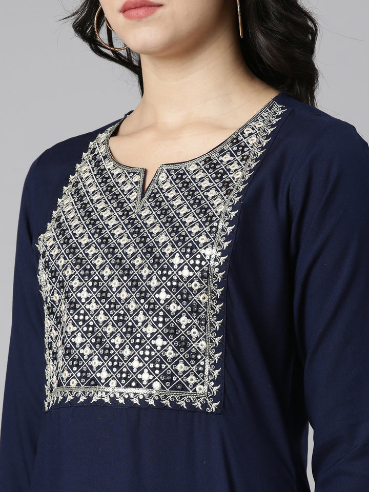 Neerus Navy Blue Regular Straight Solid Kurta