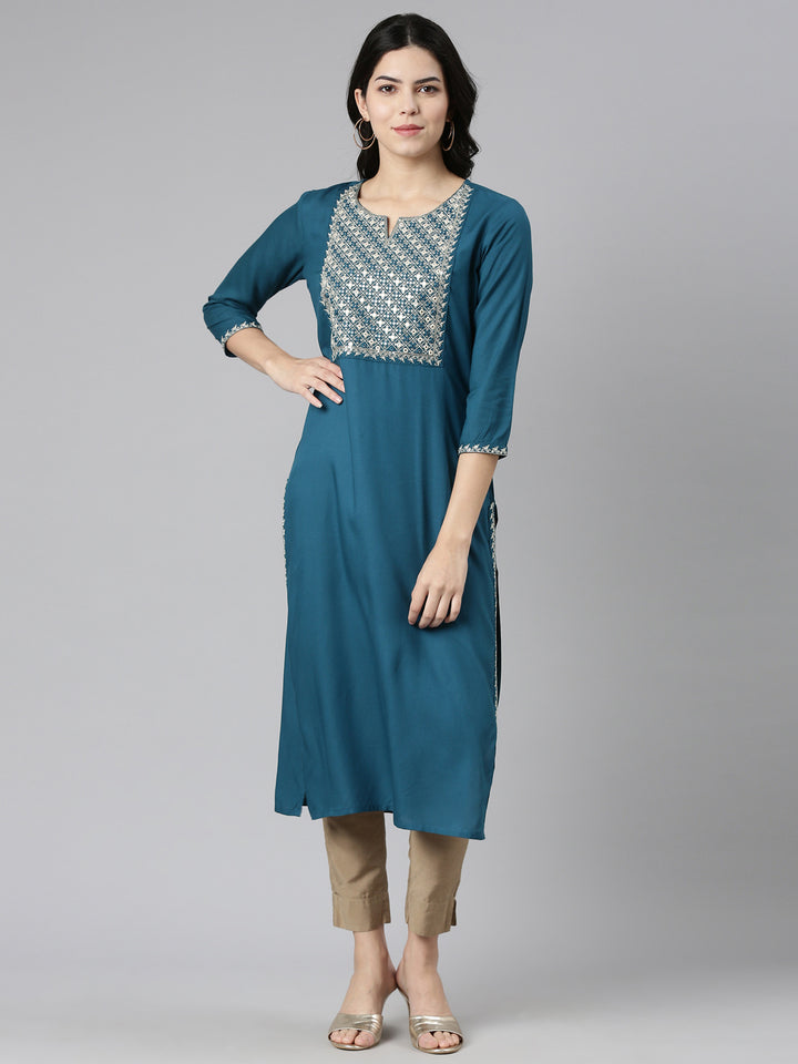 Neerus Green Regular Straight Solid Kurta