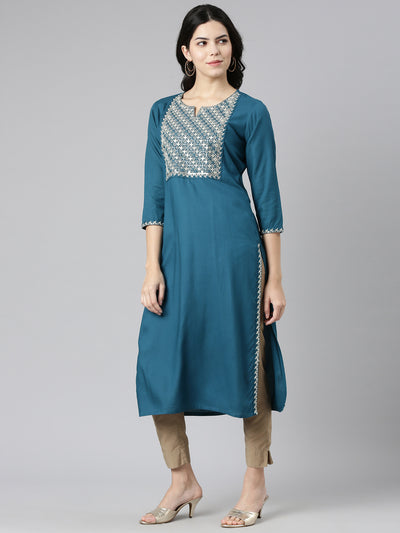 Neerus Green Regular Straight Solid Kurtas