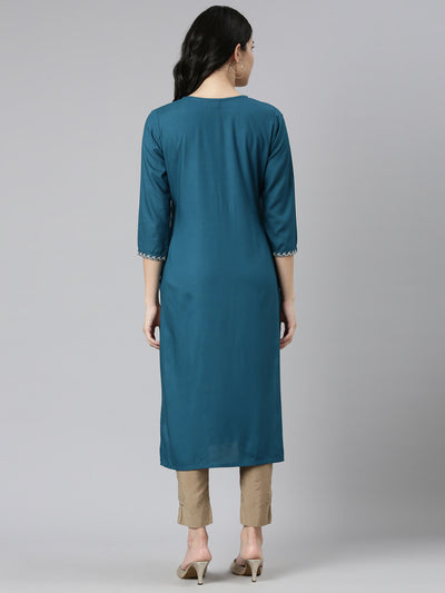 Neerus Green Regular Straight Solid Kurtas