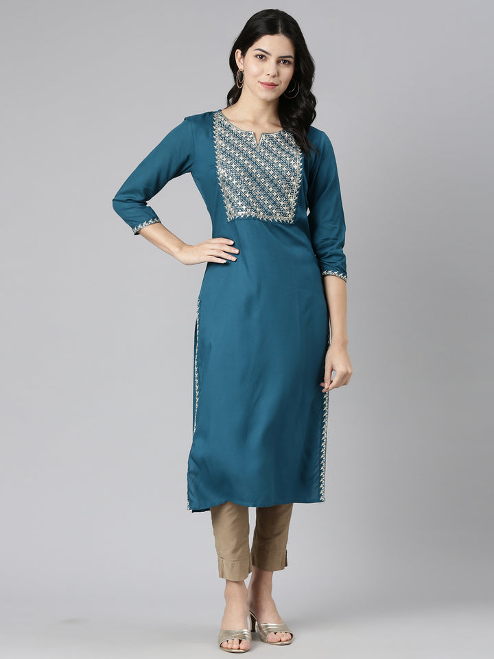 Neerus Green Regular Straight Solid Kurta