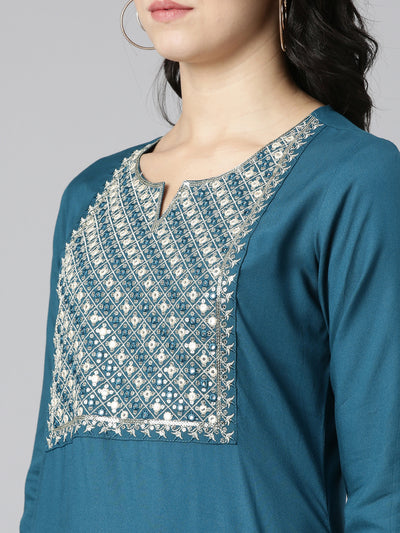 Neerus Green Regular Straight Solid Kurtas
