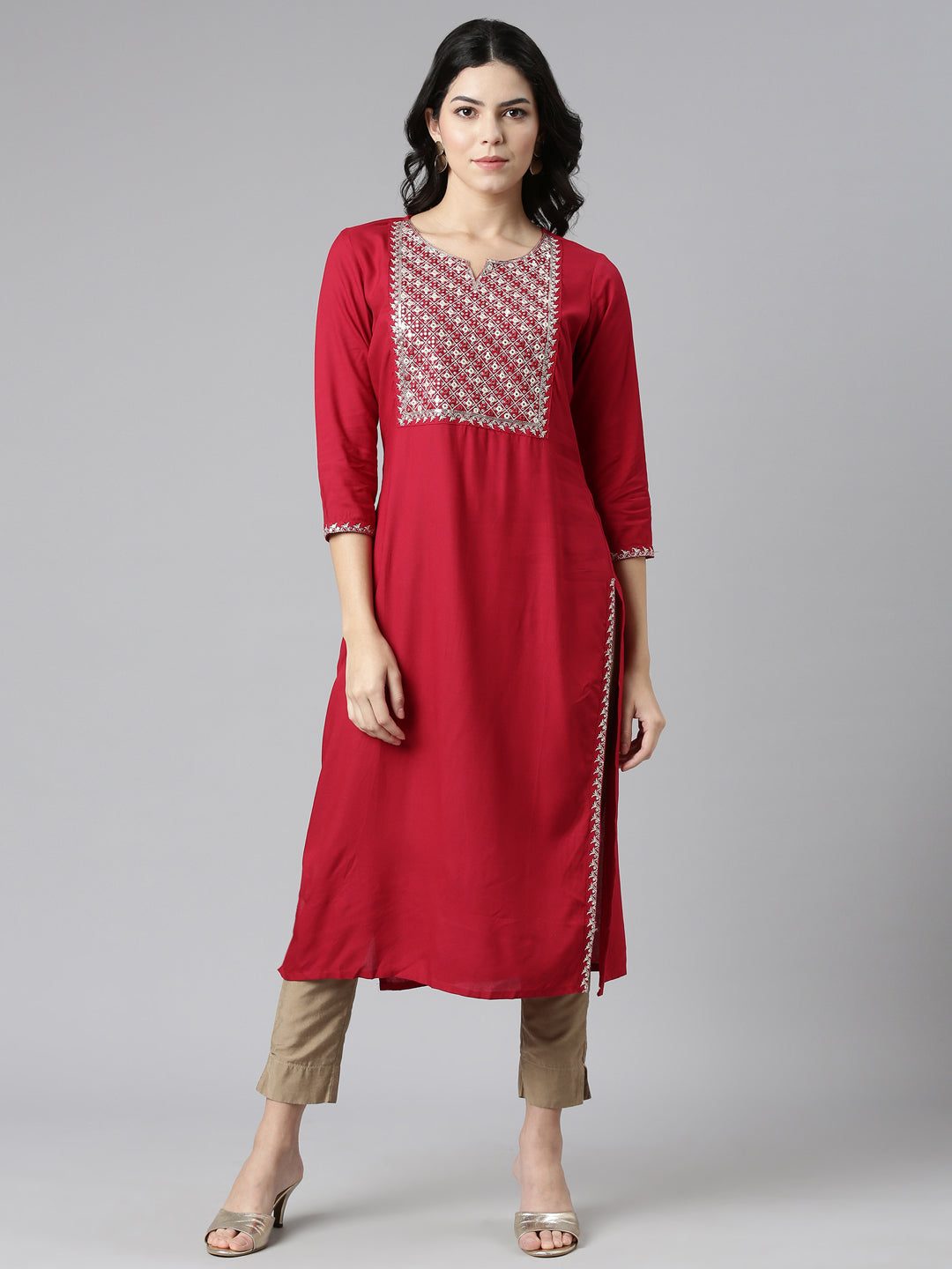 Neerus Red Regular Straight Solid Kurtas