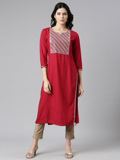 Neerus Red Regular Straight Solid Kurtas