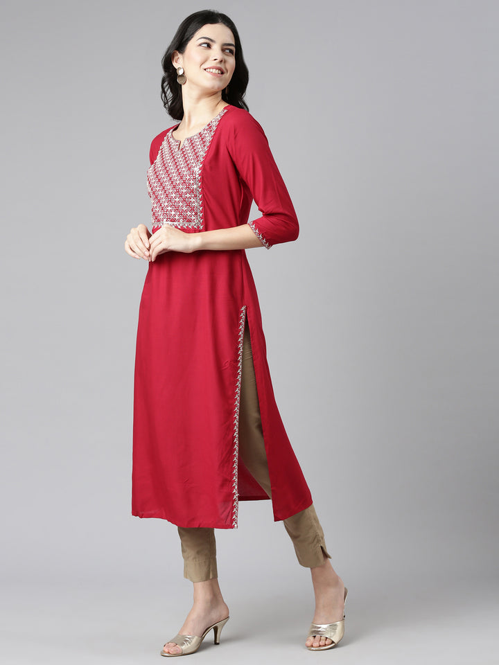 Neerus Red Regular Straight Solid Kurta