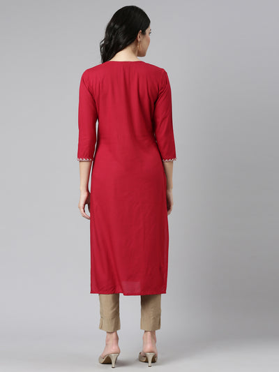 Neerus Red Regular Straight Solid Kurtas