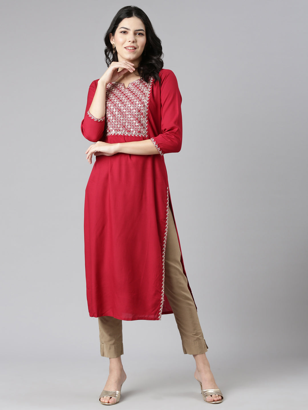 Neerus Red Regular Straight Solid Kurtas