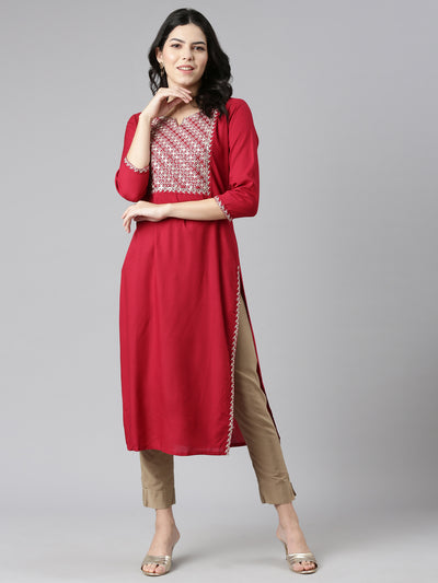Neerus Red Regular Straight Solid Kurtas