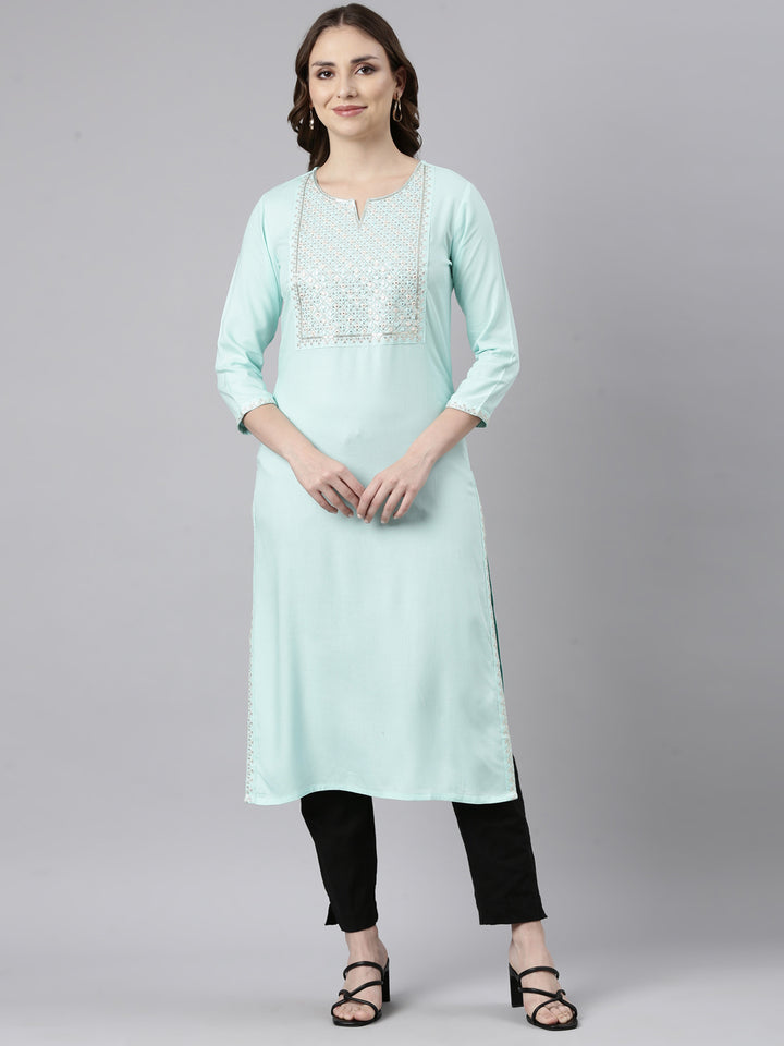 Neerus Sea Green Panelled Straight Solid Kurtas