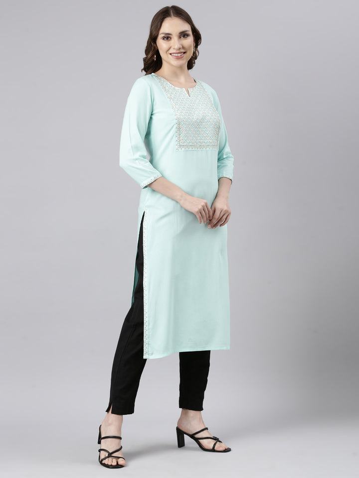 Neerus Sea Green Panelled Straight Solid Kurtas