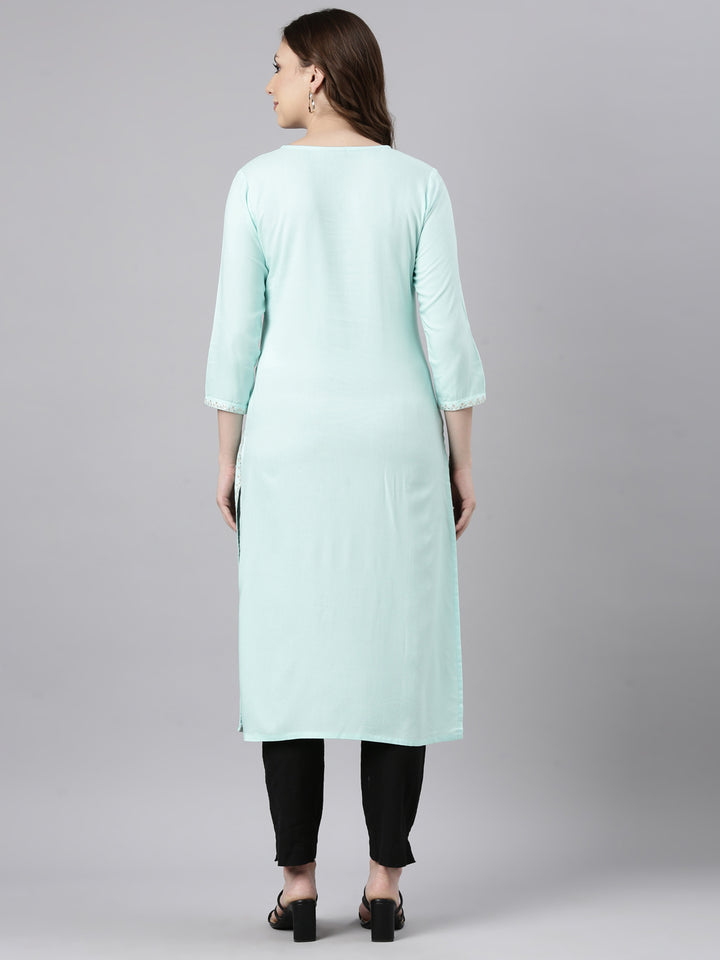 Neerus Sea Green Panelled Straight Solid Kurtas