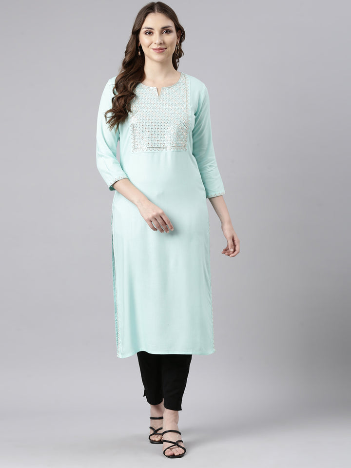 Neerus Sea Green Panelled Straight Solid Kurtas