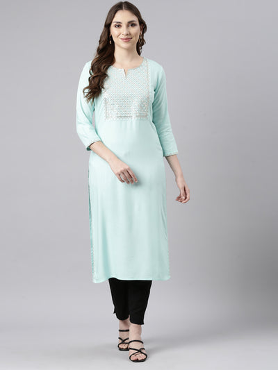 Neerus Sea Green Panelled Straight Solid Kurtas