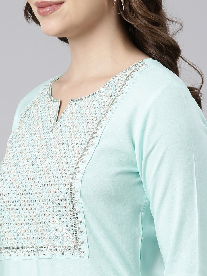 Neerus Sea Green Panelled Straight Solid Kurtas