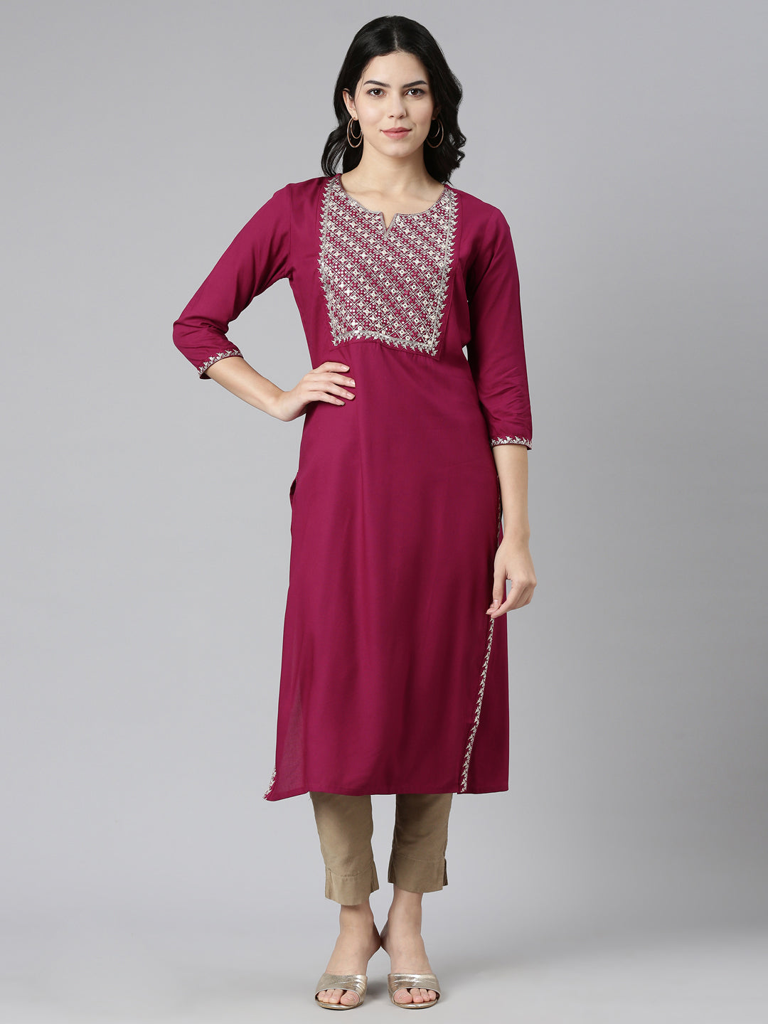 Neerus Purple printed straight kurti - front view