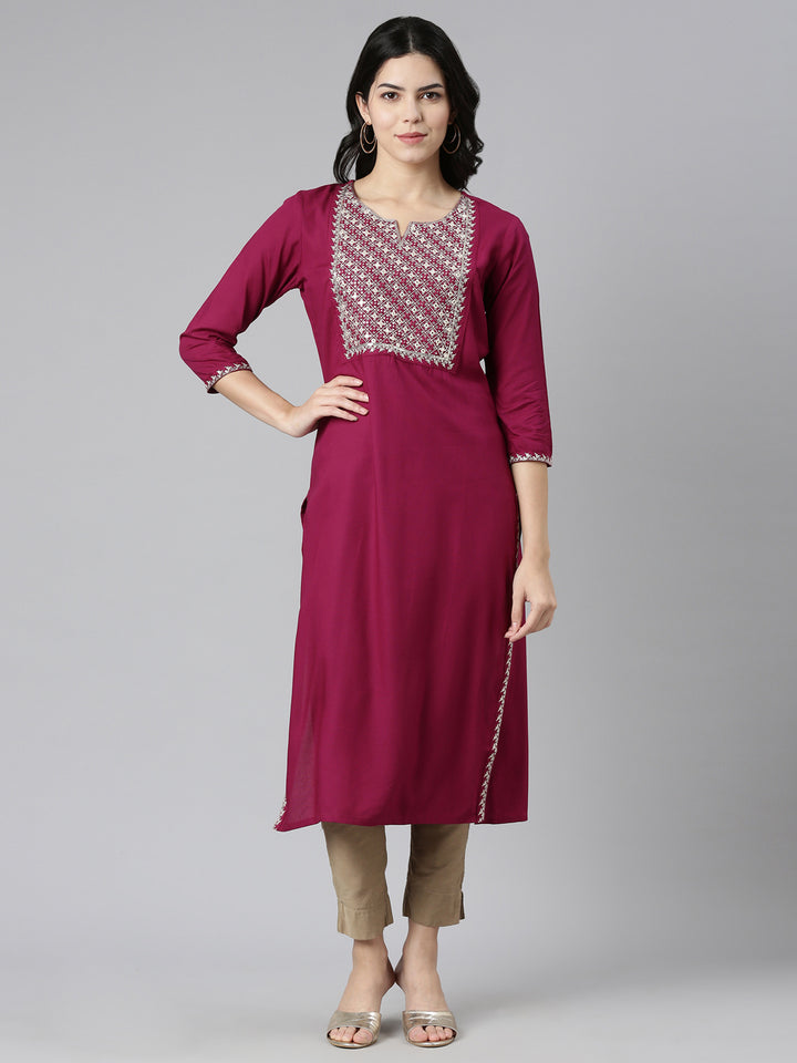 Neerus Purple printed straight kurti - front view
