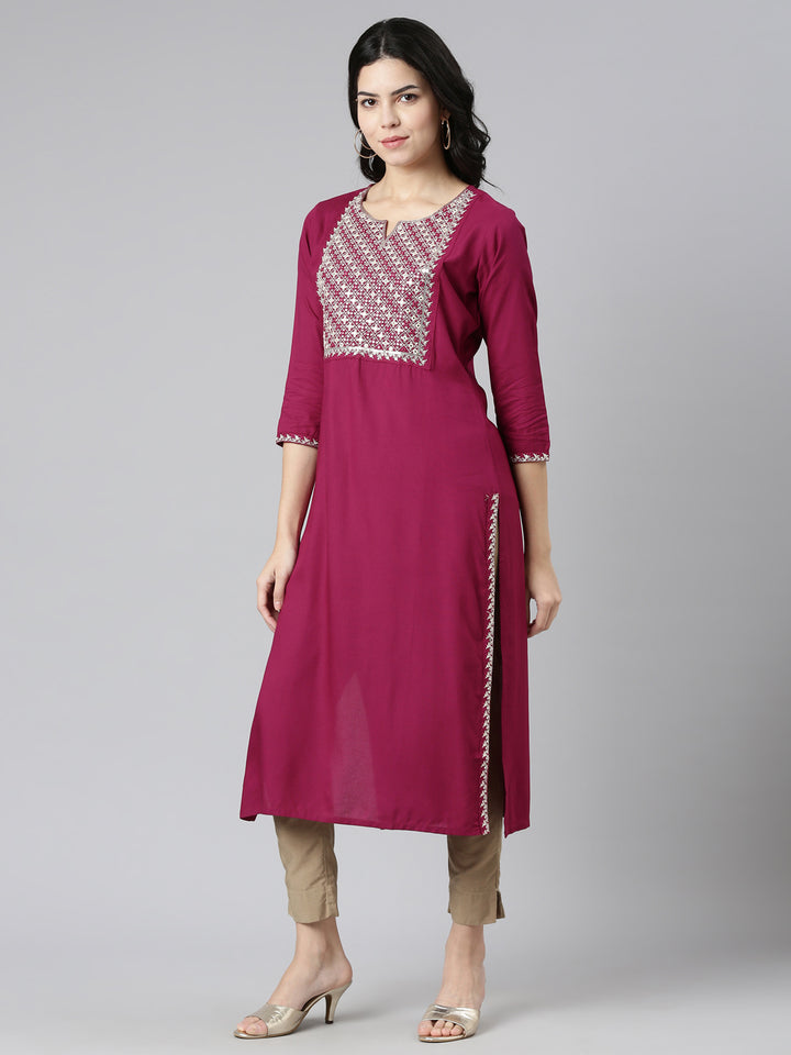 Neerus Purple printed straight kurti - back view
