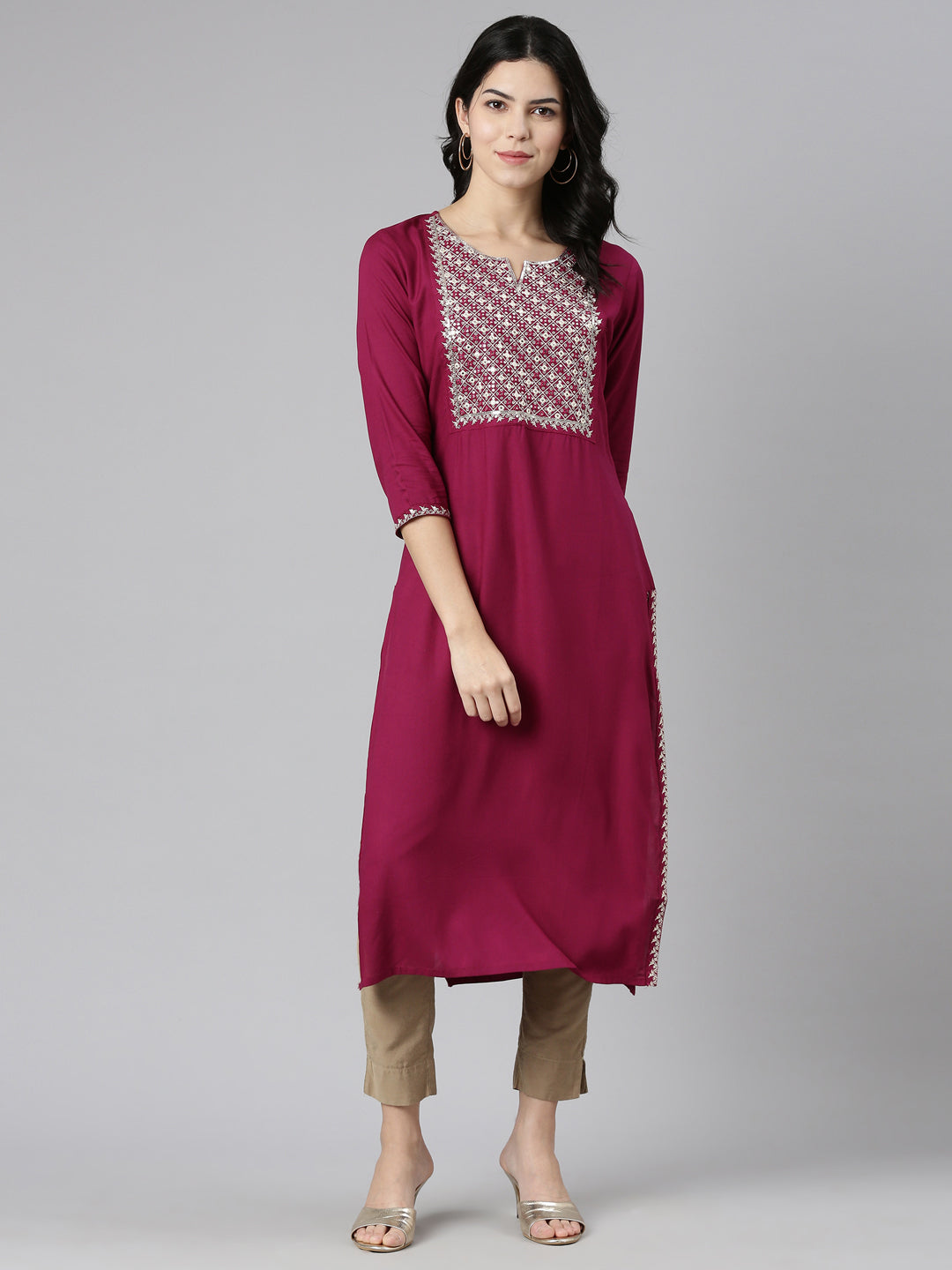 Neerus Purple printed straight kurti - detail view 2