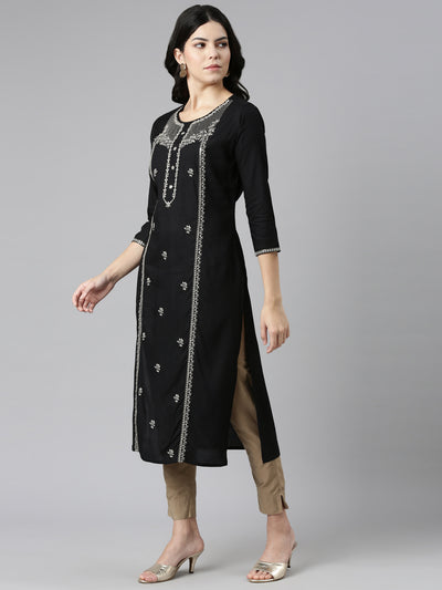 Neerus Black Regular Straight Embroidered Kurtas