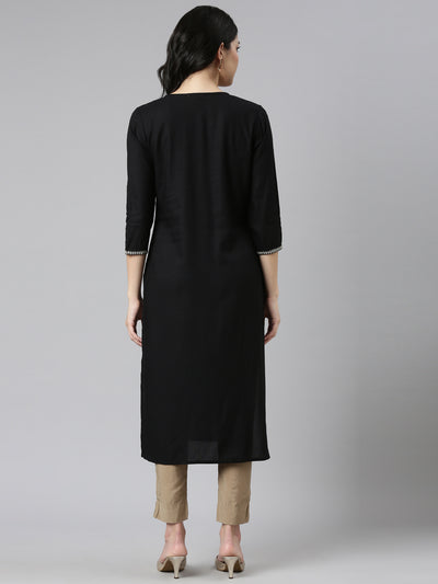 Neerus Black Regular Straight Embroidered Kurtas